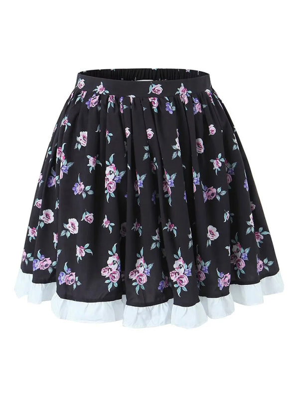 Women's White Floral Puff Sleeve High Waist Top + Skirt Set