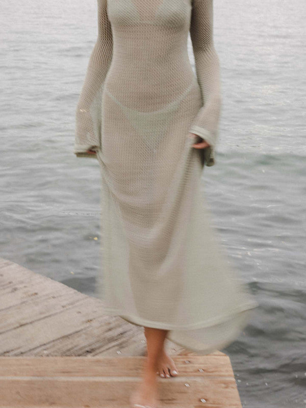 New style knitted long-sleeved backless sexy see-through floor-length maxi dress