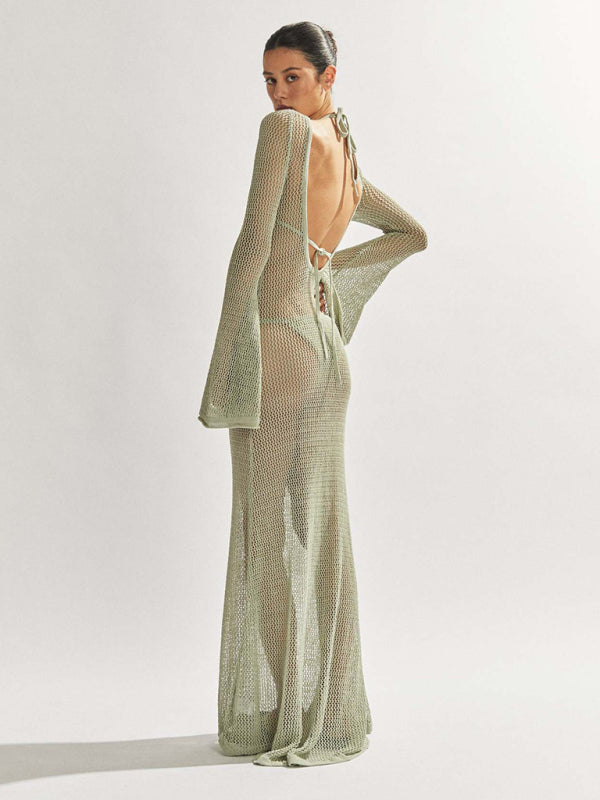 New style knitted long-sleeved backless sexy see-through floor-length maxi dress