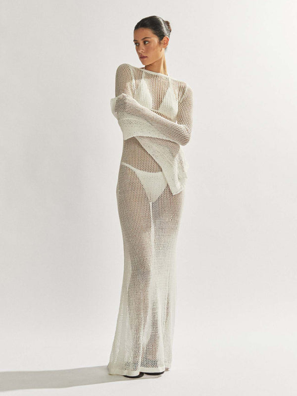 New style knitted long-sleeved backless sexy see-through floor-length maxi dress