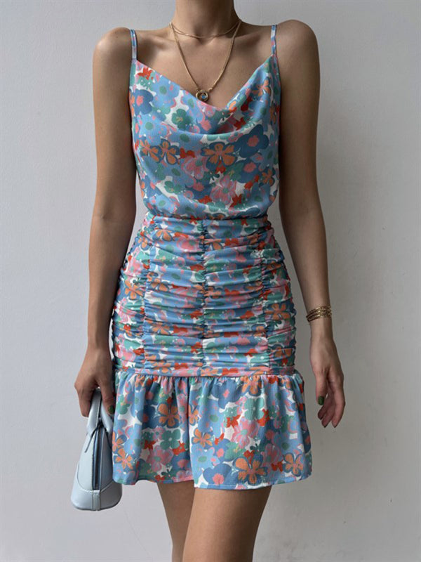 Ladies new floral print hip strap dress