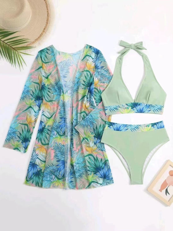 New sexy bikini push-up split printed mesh three-piece set