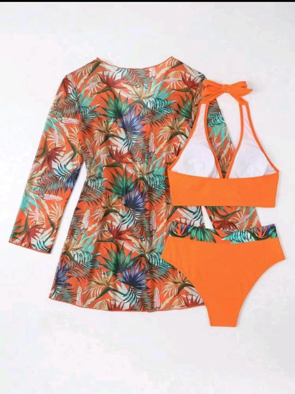 New sexy bikini push-up split printed mesh three-piece set