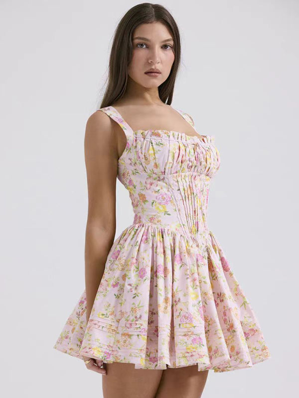 New sexy and elegant floral print suspender waist dress