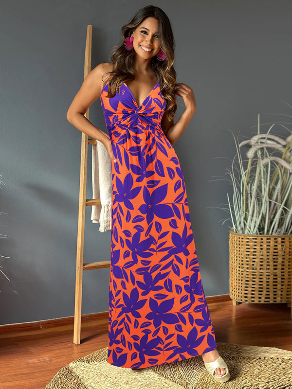 New style suspender v-neck printed elegant A-line long dress