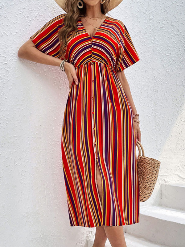 Women's New Colorful Striped Casual V-Neck Button High Waist Dress