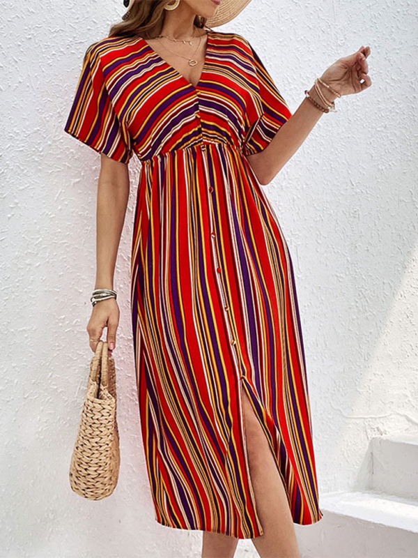 Women's New Colorful Striped Casual V-Neck Button High Waist Dress