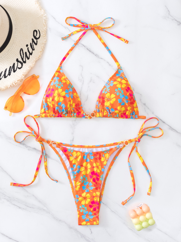 Triangle Cup Printed Lace-Up Sexy Bikini Swimsuit