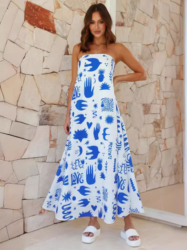 Women's printed tube top long skirt sexy fashion holiday dress