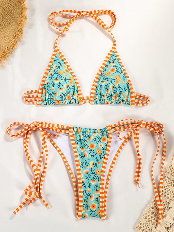 New contrast color print strappy sexy bikini