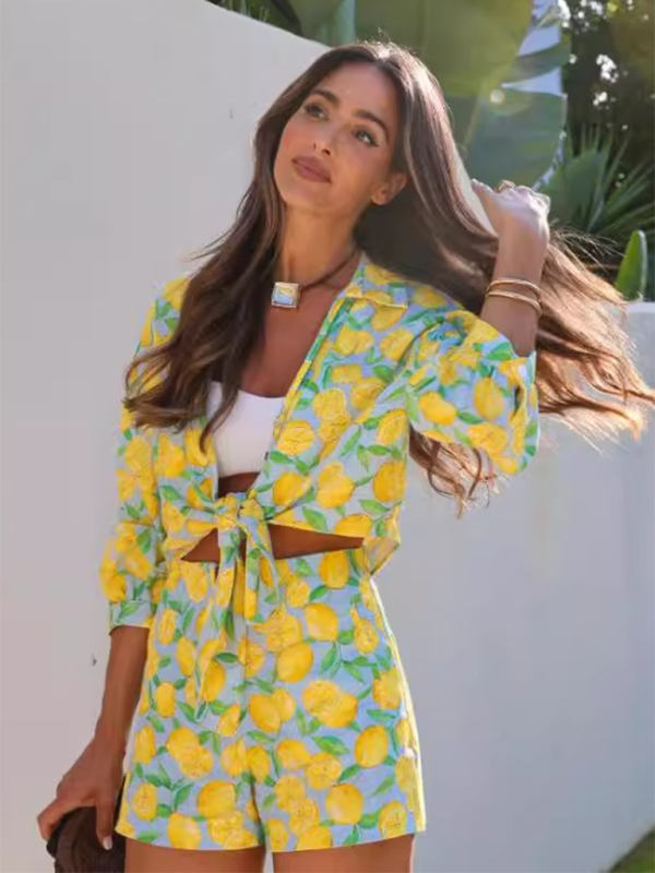 New leisure holiday lemon print shorts suit