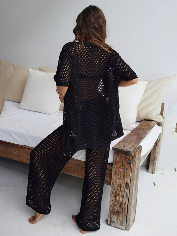 Fashionable sexy comfortable mesh buttoned woolen trousers and short-sleeved shirt suit