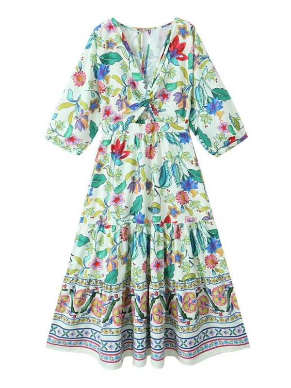 New women's lantern sleeve printed waist-baring dress