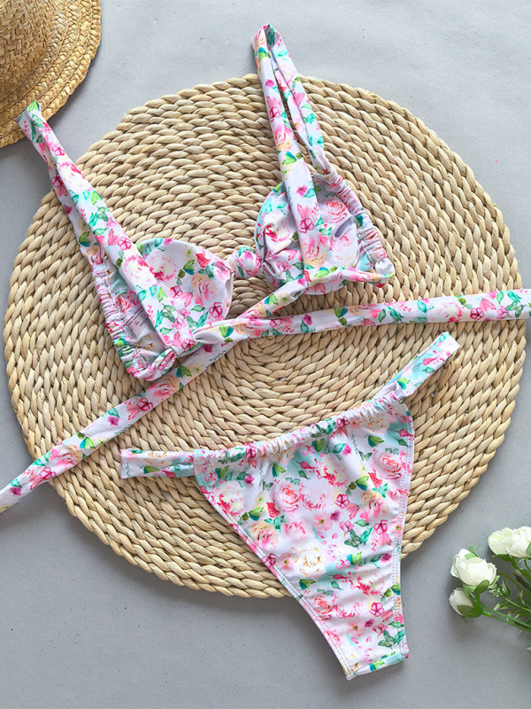 Women's Fashion Strappy Floral Print Solid Color Bikini