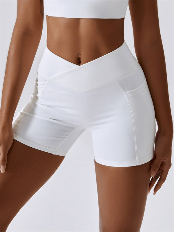 Women's Naked Hip Pocket Crossover Waist Leggings Sports Shorts